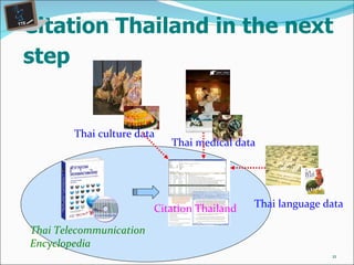 Citation Thailand in the next step Citation Thailand Thai Telecommunication Encyclopedia Thai culture data Thai medical data Thai language data 