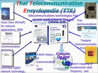 T hai   T elecommunication   E ncyclopedia (TTE) Thai communications history, 1990 Thailand Telecommunication knowledge  Unlimited digital  network technology, 2000  Voice Over IP(VoIP) for network applications, 2005 Communication dictionary (www.ecti.or.th/TTE) The reference source of the whole telecommunications technologies history and applications in Thailand A Brife History of Communications, 2008 Patent mapping of fundamental radio frequency  and telecommunication standard, 2006  On line  Community 