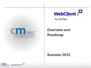 for CA Plex



Overview and
Roadmap




Summer 2012
 