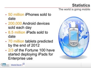 Statistics
                                   The world is going mobile
•   50 million iPhones sold to
    date
•   200,000 Android devices
    sold each day
•   8.5 million iPads sold to
    date
•   70 million tablets predicted
    by the end of 2012
•   2/3 of the Fortune 100 have
    started deploying iPads for
    Enterprise use
 