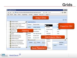 Grids


               Drag n Drop



                                        Export to CSV

Filtering


                         Grid Column Menu




            Save Placement
 