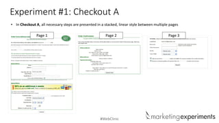 #WebClinic
Experiment #1: Checkout A
• In Checkout A, all necessary steps are presented in a stacked, linear style between multiple pages
Page 1 Page 2 Page 3
 