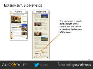 #webclinic
18
EXPERIMENT: SIDE-BY-SIDE
Treatment
• The treatment is nearly
2x the length of the
control and the call-to-
action is at the bottom
of the page.
Control
 