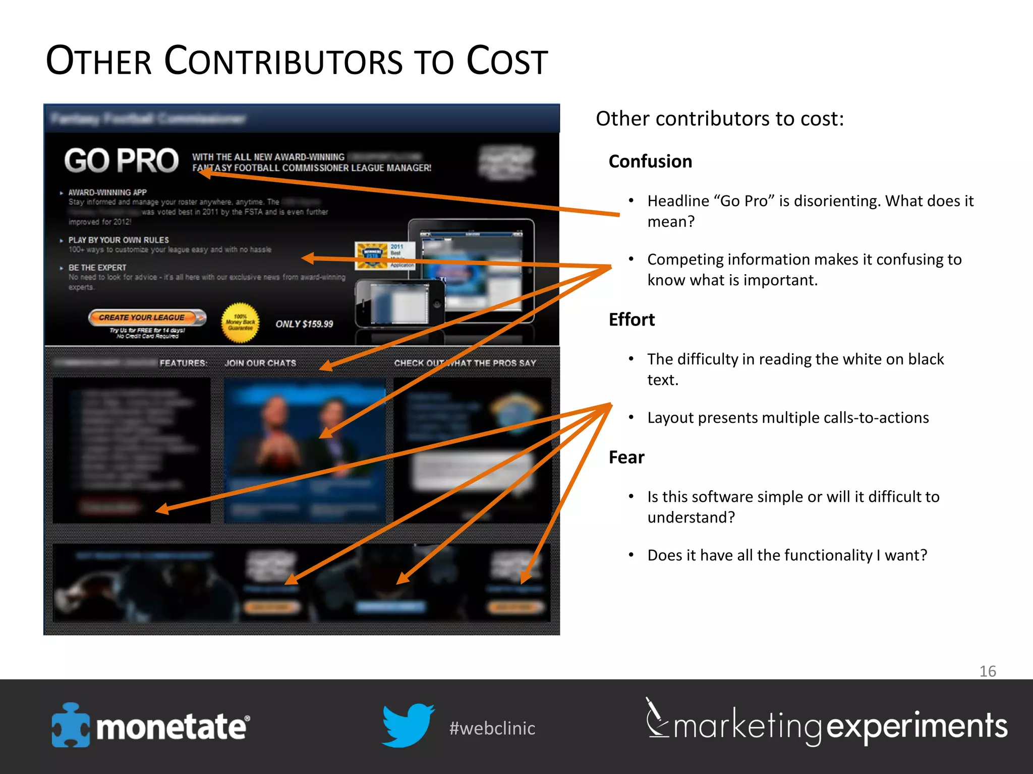 #webclinic
16
OTHER CONTRIBUTORS TO COST
Other contributors to cost:
Confusion
• Headline “Go Pro” is disorienting. What does it
mean?
• Competing information makes it confusing to
know what is important.
Effort
• The difficulty in reading the white on black
text.
• Layout presents multiple calls-to-actions
Fear
• Is this software simple or will it difficult to
understand?
• Does it have all the functionality I want?
 