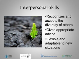 Interpersonal Skills
            •Recognizes and
            accepts the
            diversity of others
            •Gives appropriate
            advice
            •Flexible and
            adaptable to new
            situations

                              11
 