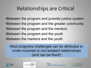 Relationships are Critical
•Between the program and juvenile justice system
•Between the program and the greater community
•Between the program and the mentors
•Between the program and the youth
•Between the mentors and the youth

  Most programs challenges can be attributed to
   under-nurtured or non-existent relationships
               (and can be fixed!)

                                                   23
 