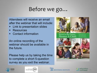 Before we go…
Attendees will receive an email
after the webinar that will include:
 Link to presentation slides
 Resources
 Contact information

An online recording of the
webinar should be available in
the future.

Please help us by taking the time
to complete a short 5-question
survey as you exit the webinar.

                                       30
 