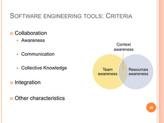 Software engineering tools: CriteriaCollaborationAwarenessCommunicationCollective KnowledgeIntegrationOther characteristicsContext awareness20