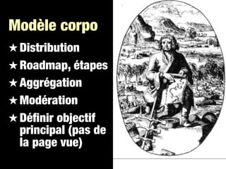 Modèle corpo
 Distribution
 Roadmap, étapes
 Aggrégation
 Modération
 Déﬁnir objectif
 principal (pas de
 la page vue)
 