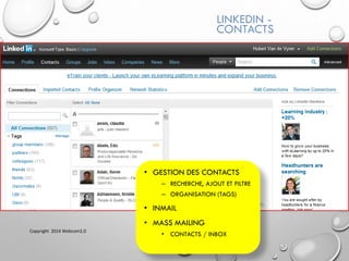LINKEDIN -
CONTACTS
• GESTION DES CONTACTS
– RECHERCHE, AJOUT ET FILTRE
– ORGANISATION (TAGS)
• INMAIL
• MASS MAILING
• CONTACTS / INBOX
Copyright 2014 Webcom2.0
 