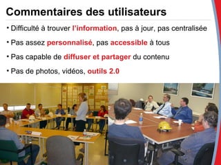 Commentaires des utilisateurs Difficulté à trouver  l’information , pas à jour, pas centralisée Pas assez  personnalisé , pas  accessible  à tous Pas capable de  diffuser et partager  du contenu Pas de photos, vidéos,  outils 2.0 