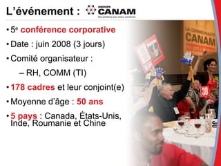L’événement : 5 e   conférence corporative  Date : juin 2008 (3 jours) Comité organisateur :  RH, COMM (TI) 178 cadres  et leur conjoint(e) Moyenne d’âge :  50 ans 5 pays  : Canada, États-Unis, Inde, Roumanie et Chine 