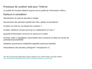 Processus de curation web pour l’interne La qualité de l’analyse dépend toujours de la qualité de l’information même... Facteurs à considérer Identification du type de données à colliger  Gouvernance des données (qualité des infos, gestion et procédure) Curateur-en-chef ou une équipe de curateurs ?   Curation collective (crowd-sourcing) ou collaborative (in situ) ? Quantité d’information minimum et maximum à traiter Formats: data-in (agrégation automatisée et/ou humaine) et data-out (outils de publication/accessibilité) Validation (provenance-crédibilité-traçabilité-cohérence-fiabilité) Interprétation des données (ambiguité ? transparence ?) The role of community-based data curation (Edward Curry, Andre Freitas, and Sean O’Riàin) http://andrefreitas.org/papers/Community_Curated_Enterprise_preprint.pdf 