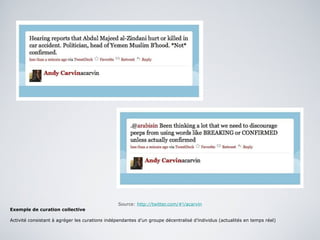 Source:  http://twitter.com/#!/acarvin Exemple de curation collective  Activité consistant à agréger les  curations  indépendantes d’un groupe décentralisé d’individus (actualités en temps réel) 