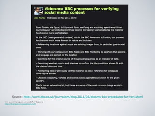 Source:  http://www.bbc.co.uk/journalism/blog/2011/05/bbcsms-bbc-procedures-for-veri.shtml Voir aussi: Transparency unit of Al-Jazeera http://transparency.aljazeera.net/   