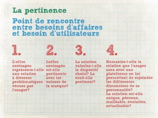 La pertinence
Point de rencontre
entre besoins d’affaires
et besoin d’utilisateurs

1.                  2.           3.                4.
L’offre             L'offre      La solution       Humanise-t-elle la
envisagée           envisagée    valorise-t-elle   relation que l’usager
représente-t-elle   est-elle     le dispositif     aura avec une
une solution        pertinente   choisi? La        plateforme en lui
à diverses          avec les     rend-elle         permettant de rejoindre
problématiques      valeurs de   pertinent?        les différentes
vécues par          la marque?                     dimensions de sa
l’usager?                                          personnalité?
                                                   La solution est-elle
                                                   unique, pérenne,
                                                   malléable, évolutive,
                                                   actualisable?
 