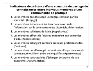 Indicateurs de présence d’une structure de partage de
       connaissances entre individus membres d’une
                   communauté de pratique
1. Les membres ont développé un langage commun parfois
   spécialisé. (Langage)
2. Les membres fréquentent les lieux communs où de
   l'information sur la communauté est disponible. (Information)
3. Les membres sollicitent de l’aide. (Appel à tous)
4. Les membres offrent de l’aide ou répondent aux demandes
   d’aide. (Rendre service)
5. Les membres échangent sur leurs pratiques professionnelles.
   (Pratiques)
6. Les membres ont développé un sentiment d'appartenance à la
   communauté et il leur arrive de le qualiﬁer. (Appartenance)
7. Les membres sont capables d'échanger des points de vue
   divergents. (Argumentation)

                                                              23
 