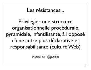 Les résistances...

      Privilégier une structure
   organisationnelle procédurale,
pyramidale, infantilisante, à l'opposé
   d’une autre plus déclarative et
  responsabilisante (culture Web)
            Inspiré de : @joplam

                                     31
 