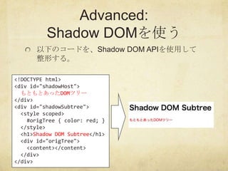 Advanced:
          Shadow DOMを使う
       以下のコードを、Shadow DOM APIを使用して
       整形する。

<!DOCTYPE html>
<div id="shadowHost">
 ...