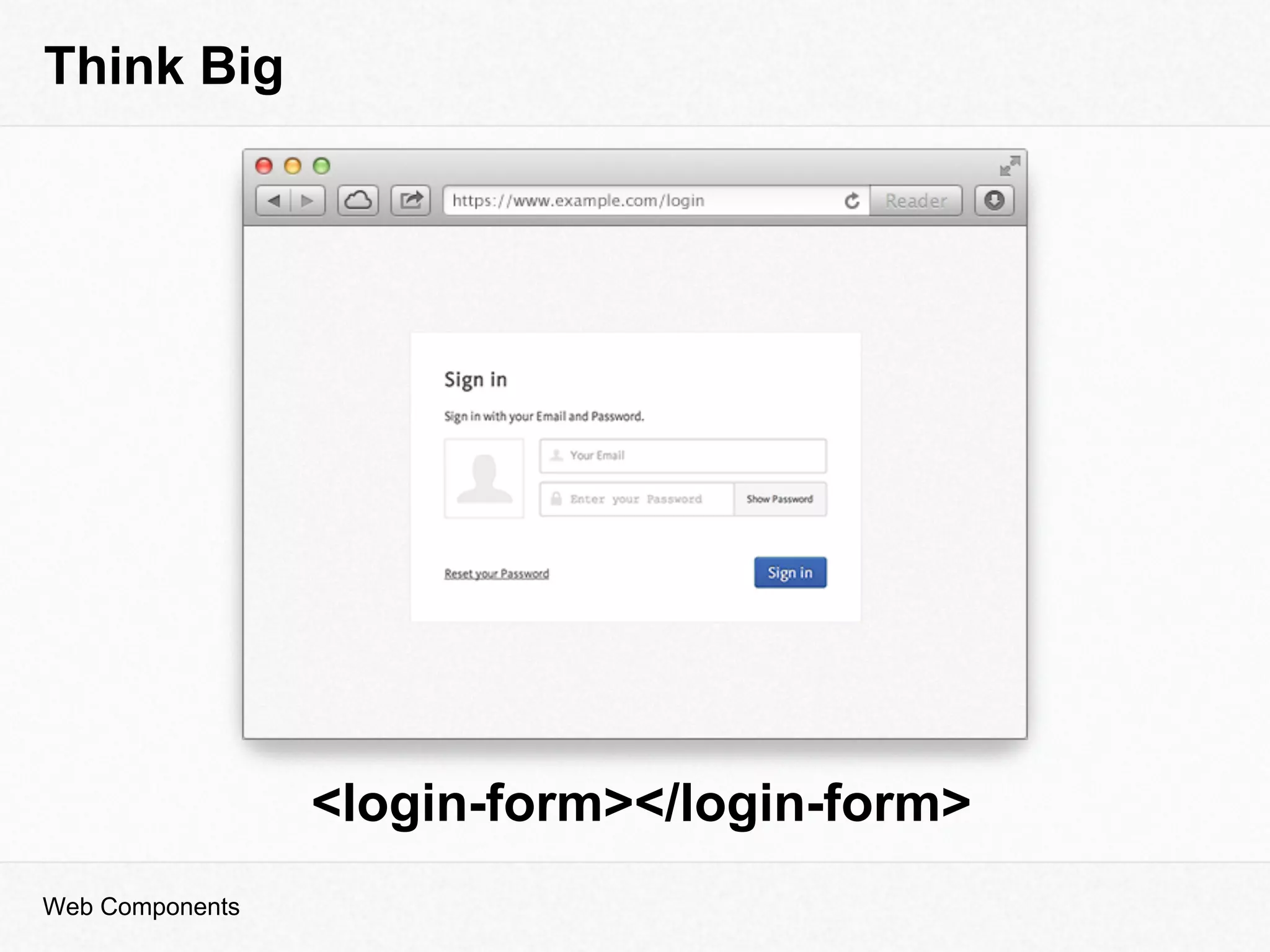 Think Big
Web Components
<login-form></login-form>
 