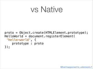 vs Native
proto = Object.create(HTMLElement.prototype);
HelloWorld = document.registerElement(
‘hello-world', {
prototype : proto
});

What happened to <element>?

 