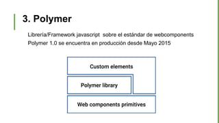 3. Polymer
Librería/Framework javascript sobre el estándar de webcomponents
Polymer 1.0 se encuentra en producción desde Mayo 2015
 