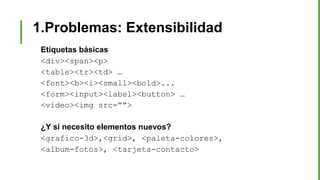 1.Problemas: Extensibilidad
Etiquetas básicas
<div><span><p>
<table><tr><td> …
<font><b><i><small><bold>...
<form><input><label><button> …
<video><img src=””>
¿Y si necesito elementos nuevos?
<grafico-3d>,<grid>, <paleta-colores>,
<album-fotos>, <tarjeta-contacto>
 