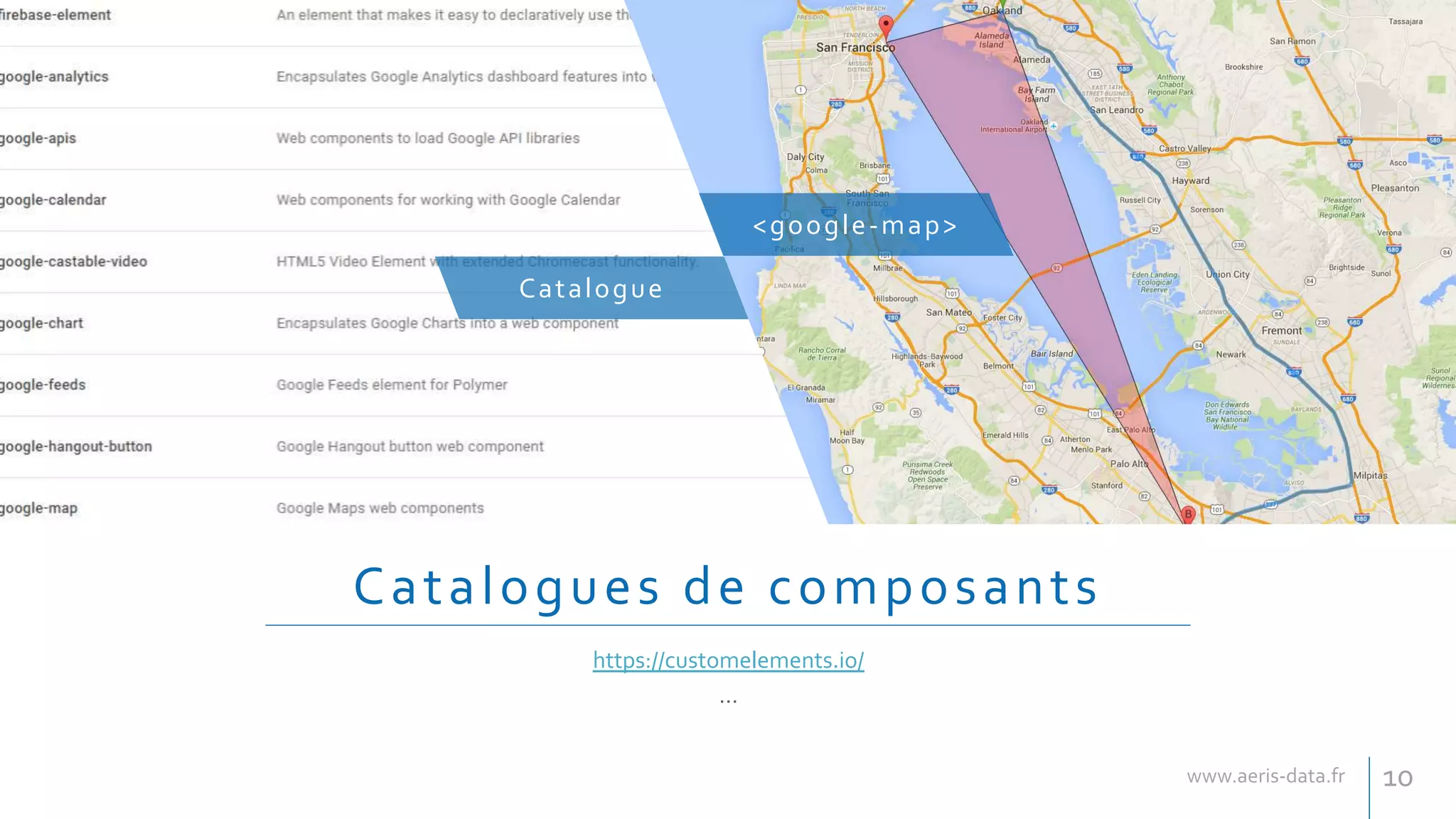 Catalogues de composants
https://customelements.io/
…
Catalogue
<google-map>
10
 