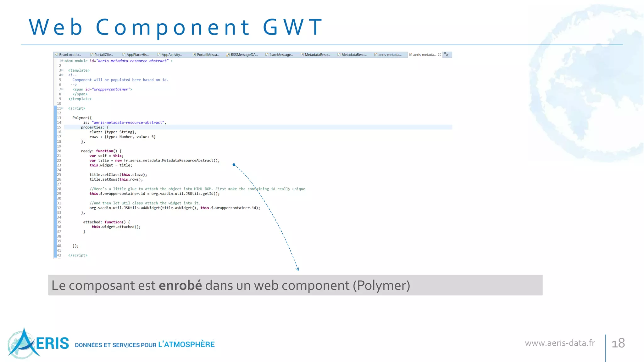 We b C o m p o n e n t G W T
18
Le composant est enrobé dans un web component (Polymer)
 