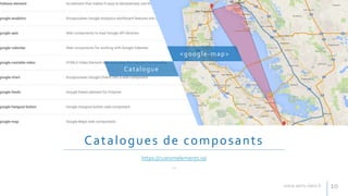Catalogues de composants
https://customelements.io/
…
Catalogue
<google-map>
10
 