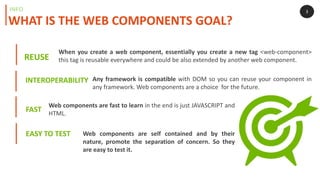 REUSE
3
WHAT IS THE WEB COMPONENTS GOAL?
INFO
FAST
EASY TO TEST
INTEROPERABILITY
When you create a web component, essentially you create a new tag <web-component>
this tag is reusable everywhere and could be also extended by another web component.
Web components are fast to learn in the end is just JAVASCRIPT and
HTML.
Any framework is compatible with DOM so you can reuse your component in
any framework. Web components are a choice for the future.
Web components are self contained and by their
nature, promote the separation of concern. So they
are easy to test it.
 