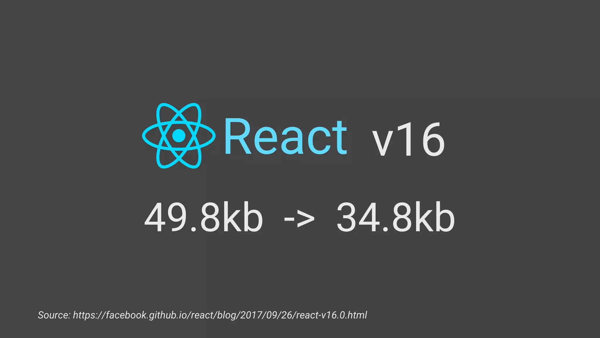 React v16
49.8kb -> 34.8kb
Source: https://facebook.github.io/react/blog/2017/09/26/react-v16.0.html
 