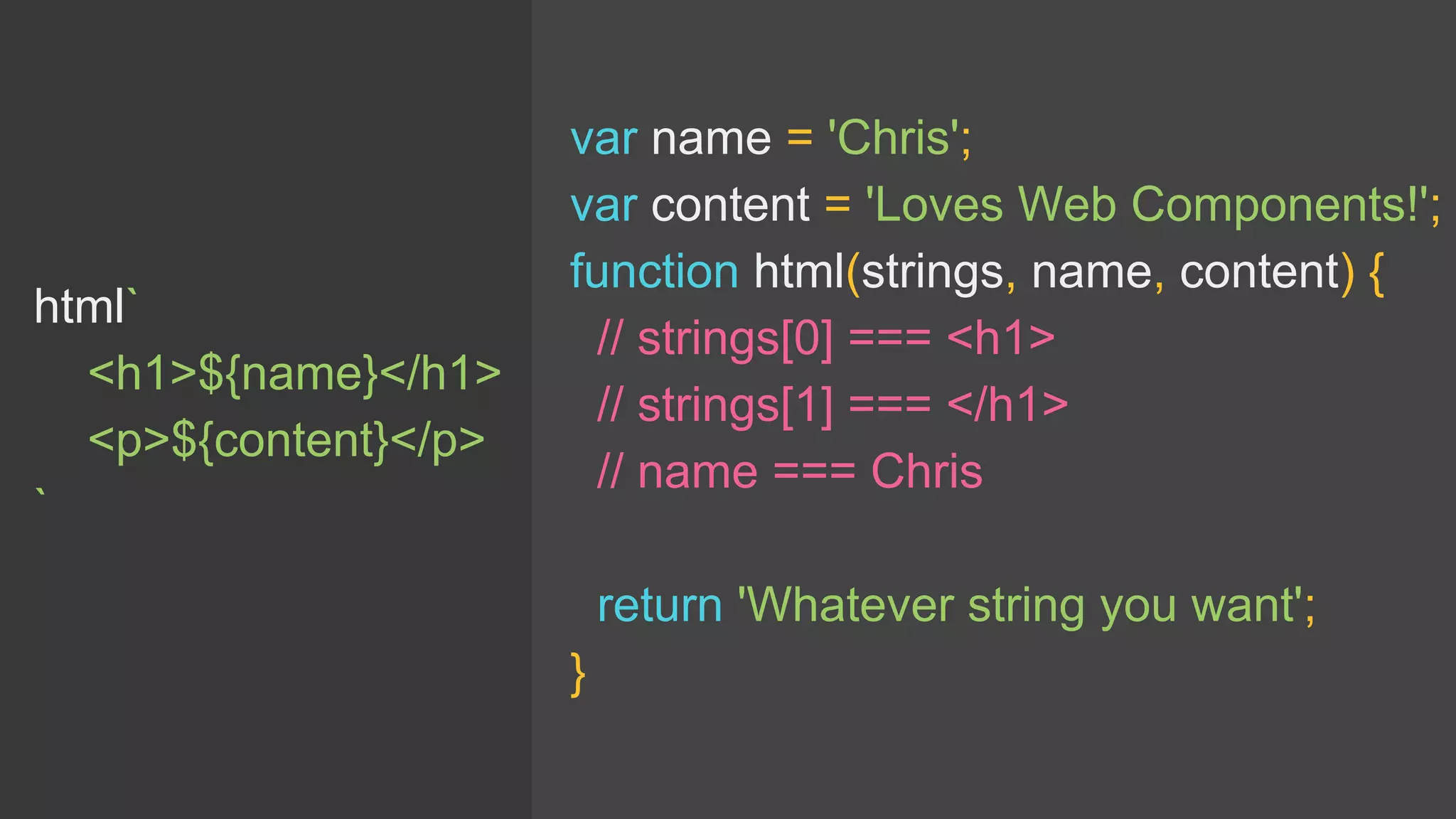 html`
<h1>${name}</h1>
<p>${content}</p>
`
var name = 'Chris';
var content = 'Loves Web Components!';
function html(strings, name, content) {
// strings[0] === <h1>
// strings[1] === </h1>
// name === Chris
return 'Whatever string you want';
}
 