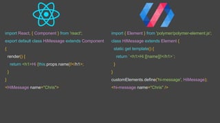 import React, { Component } from 'react';
export default class HiMessage extends Component
{
render() {
return <h1>Hi {this.props.name}!</h1>;
}
}
<HiMessage name="Chris">
import { Element } from 'polymer/polymer-element.js';
class HiMessage extends Element {
static get template() {
return `<h1>Hi [[name]]!</h1>`;
}
}
customElements.define('hi-message', HiMessage);
<hi-message name="Chris" />
 