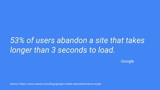 53% of users abandon a site that takes
longer than 3 seconds to load.
Source: https://www.soasta.com/blog/google-mobile-web-performance-study/
-Google
 