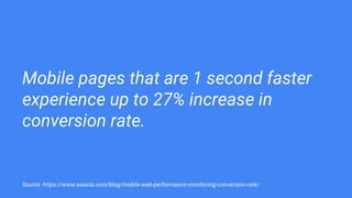 Mobile pages that are 1 second faster
experience up to 27% increase in
conversion rate.
Source: https://www.soasta.com/blog/mobile-web-performance-monitoring-conversion-rate/
 