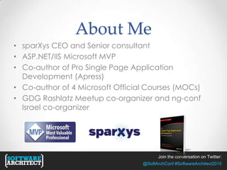 Join the conversation on Twitter:
@SoftArchConf #SoftwareArchitect2015
About Me
• sparXys CEO and Senior consultant
• ASP.NET/IIS Microsoft MVP
• Co-author of Pro Single Page Application
Development (Apress)
• Co-author of 4 Microsoft Official Courses (MOCs)
• GDG Rashlatz Meetup co-organizer and ng-conf
Israel co-organizer
 
