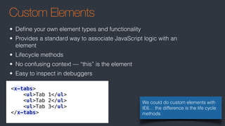 Custom Elements
• Deﬁne your own element types and functionality
• Provides a standard way to associate JavaScript logic with an
element
• Lifecycle methods
• No confusing context — “this” is the element
• Easy to inspect in debuggers
We could do custom elements with
IE6… the difference is the life cycle
methods
<x-tabs> 
<ul>Tab 1</ul> 
<ul>Tab 2</ul> 
<ul>Tab 3</ul> 
</x-tabs>
 