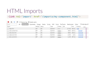 HTML Imports 
<link rel="import" href="/imports/my-component.html"> 
 