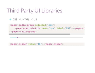 Third Party UI Libraries 
CSS HTML JS 
<paper-radio-group selected="css"> 
<paper-radio-button name="css" label="CSS"></paper-radio-button 
</paper-radio-group> 
<paper-slider value="10"></paper-slider> 
 