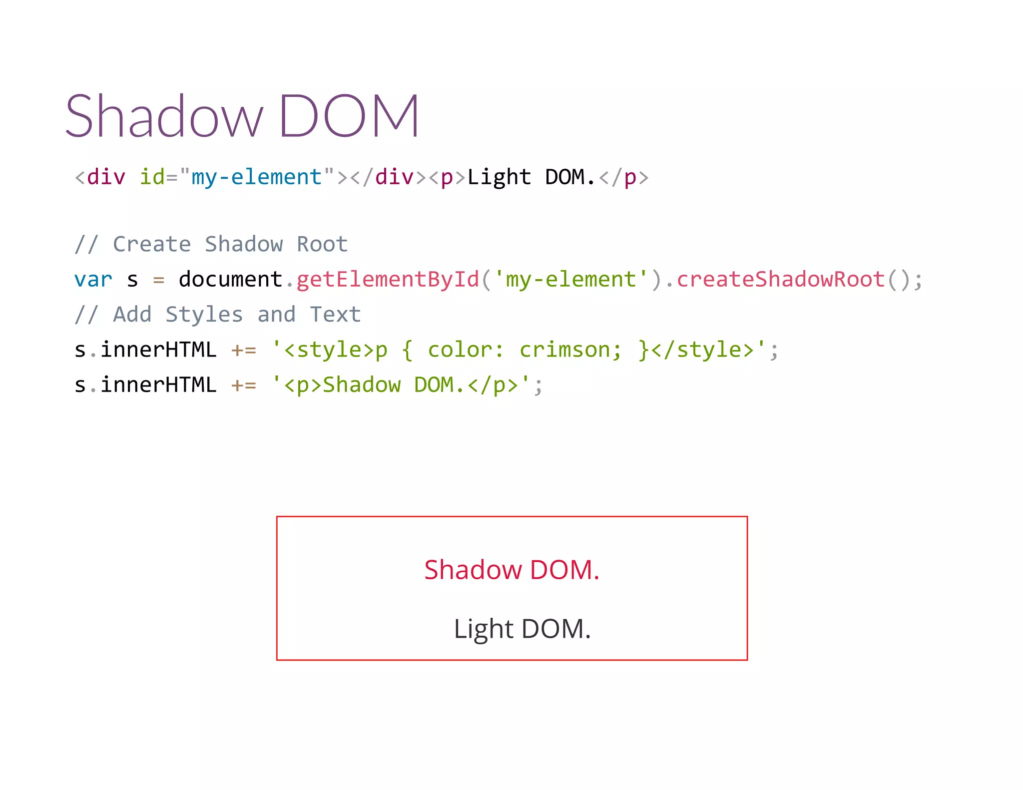 Shadow DOM
<div id="my‐element"></div><p>Light DOM.</p>
// Create Shadow Root
var s = document.getElementById('my‐element').createShadowRoot();
// Add Styles and Text
s.innerHTML += '<style>p { color: crimson; }</style>';
s.innerHTML += '<p>Shadow DOM.</p>';
Shadow DOM.
Light DOM.
 