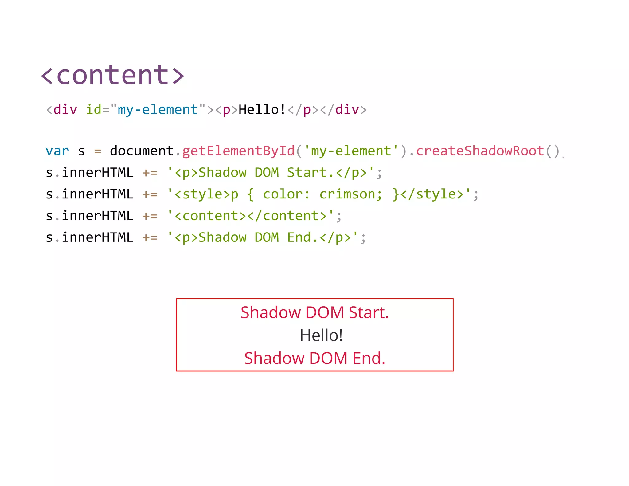 <content>
<div id="my‐element"><p>Hello!</p></div>
var s = document.getElementById('my‐element').createShadowRoot();
s.innerHTML += '<p>Shadow DOM Start.</p>';
s.innerHTML += '<style>p { color: crimson; }</style>';
s.innerHTML += '<content></content>';
s.innerHTML += '<p>Shadow DOM End.</p>';
Shadow DOM Start.
Hello!
Shadow DOM End.
 