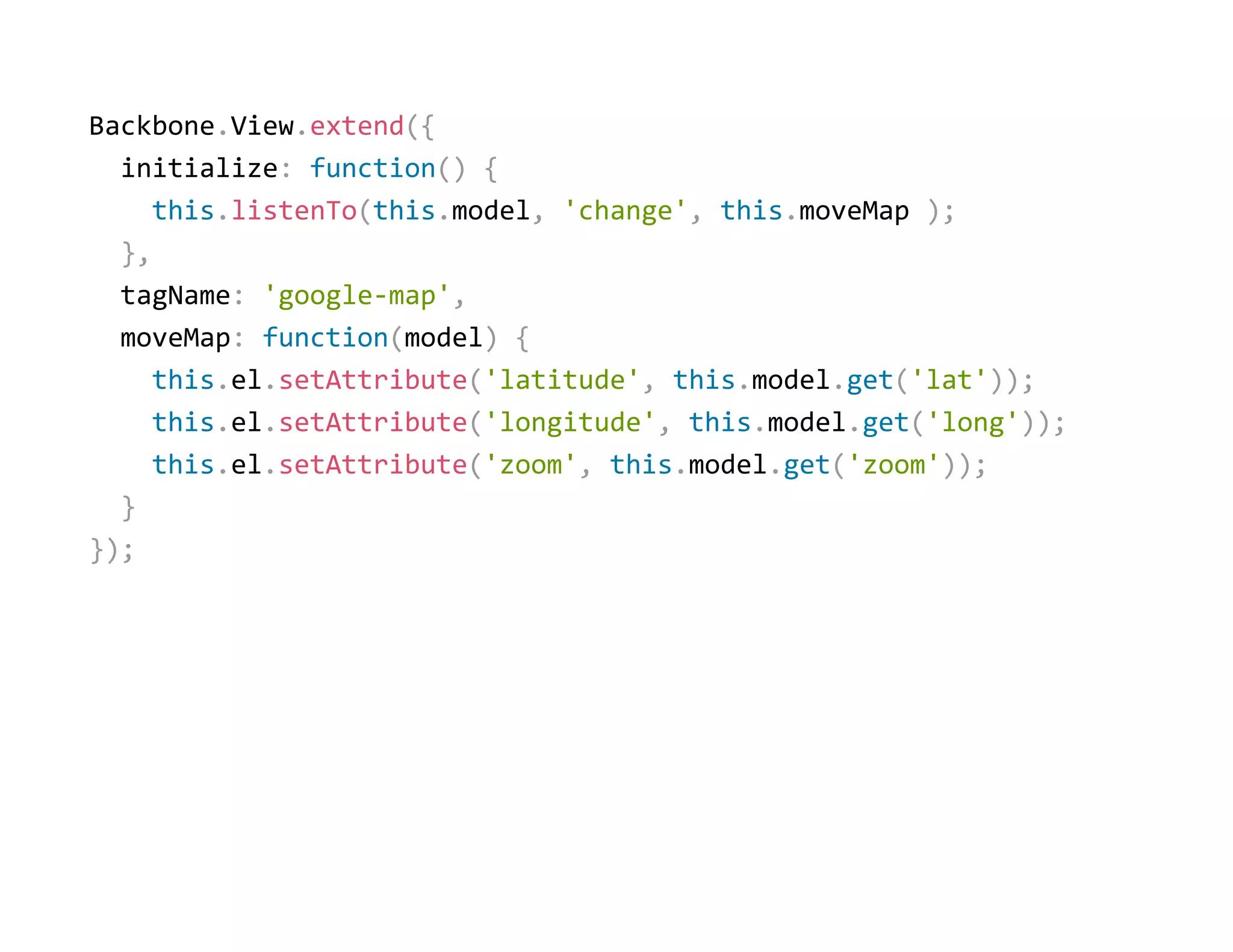 Backbone.View.extend({
  initialize: function() {
    this.listenTo(this.model, 'change', this.moveMap );
  },
  tagName: 'google‐map',
  moveMap: function(model) {
    this.el.setAttribute('latitude', this.model.get('lat'));
    this.el.setAttribute('longitude', this.model.get('long'));
    this.el.setAttribute('zoom', this.model.get('zoom'));
  }
});
 