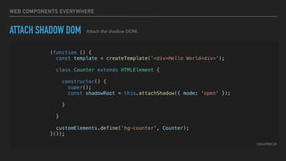 WEB COMPONENTS EVERYWHERE
ATTACH SHADOW DOM
(function () {
const template = createTemplate('<div>Hello World<div>');
class Counter extends HTMLElement {
constructor() {
super();
const shadowRoot = this.attachShadow({ mode: 'open' });
shadowRoot.appendChild(template.content.cloneNode(true));
}
}
customElements.define('hg-counter', Counter);
}());
Attach the shadow DOM.
counter.js
 