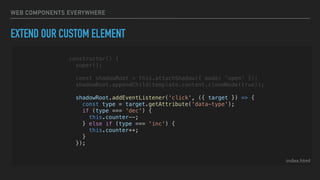 WEB COMPONENTS EVERYWHERE
EXTEND OUR CUSTOM ELEMENT
index.html
constructor() {
super();
const shadowRoot = this.attachShadow({ mode: 'open' });
shadowRoot.appendChild(template.content.cloneNode(true));
shadowRoot.addEventListener('click', ({ target }) => {
const type = target.getAttribute('data-type');
if (type === 'dec') {
this.counter--;
} else if (type === 'inc') {
this.counter++;
}
});
 