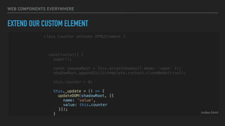 WEB COMPONENTS EVERYWHERE
EXTEND OUR CUSTOM ELEMENT
index.html
class Counter extends HTMLElement {
constructor() {
super();
const shadowRoot = this.attachShadow({ mode: 'open' });
shadowRoot.appendChild(template.content.cloneNode(true));
this.counter = 0;
this._update = () => {
updateDOM(shadowRoot, [{
name: 'value',
value: this.counter
}]);
}
 