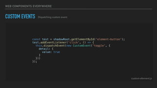 WEB COMPONENTS EVERYWHERE
CUSTOM EVENTS Dispatching custom event
const test = shadowRoot.getElementById('element-button');
test.addEventListener('click', () => {
this.dispatchEvent(new CustomEvent('toggle', {
detail: {
value: true
}
}))
});
custom-element.js
 