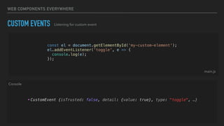 WEB COMPONENTS EVERYWHERE
CUSTOM EVENTS Listening for custom event
• CustomEvent {isTrusted: false, detail: {value: true}, type: "toggle", …}
const el = document.getElementById('my-custom-element');
el.addEventListener('toggle', e => {
console.log(e);
});
main.js
Console
 