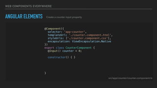 WEB COMPONENTS EVERYWHERE
ANGULAR ELEMENTS Create a counter input property
@Component({
selector: 'app-counter',
templateUrl: './counter.component.html',
styleUrls: ['./counter.component.css'],
encapsulation: ViewEncapsulation.Native
})
export class CounterComponent {
@Input() counter = 0;
constructor() { }
inc() { this.counter++; }
dec() { this.counter--; }
}
src/app/counter/counter.component.ts
 