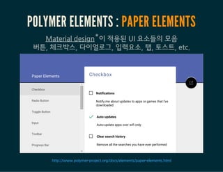 사용방법 #1
이미 만들어진 요소들을 사용하는 방법
1. webcomponents.js를 페이지에 로딩
2. 사용할 요소를 페이지에 로딩
3. 페이지 내에 새로 추가된 요소를 태그로 선언
<script src="bower_components/webcomponentsjs/webcomponents.js"></script>
<link rel="import" href="bower_components/paper-input/paper-input.html">
<paper-input></paper-input>
 